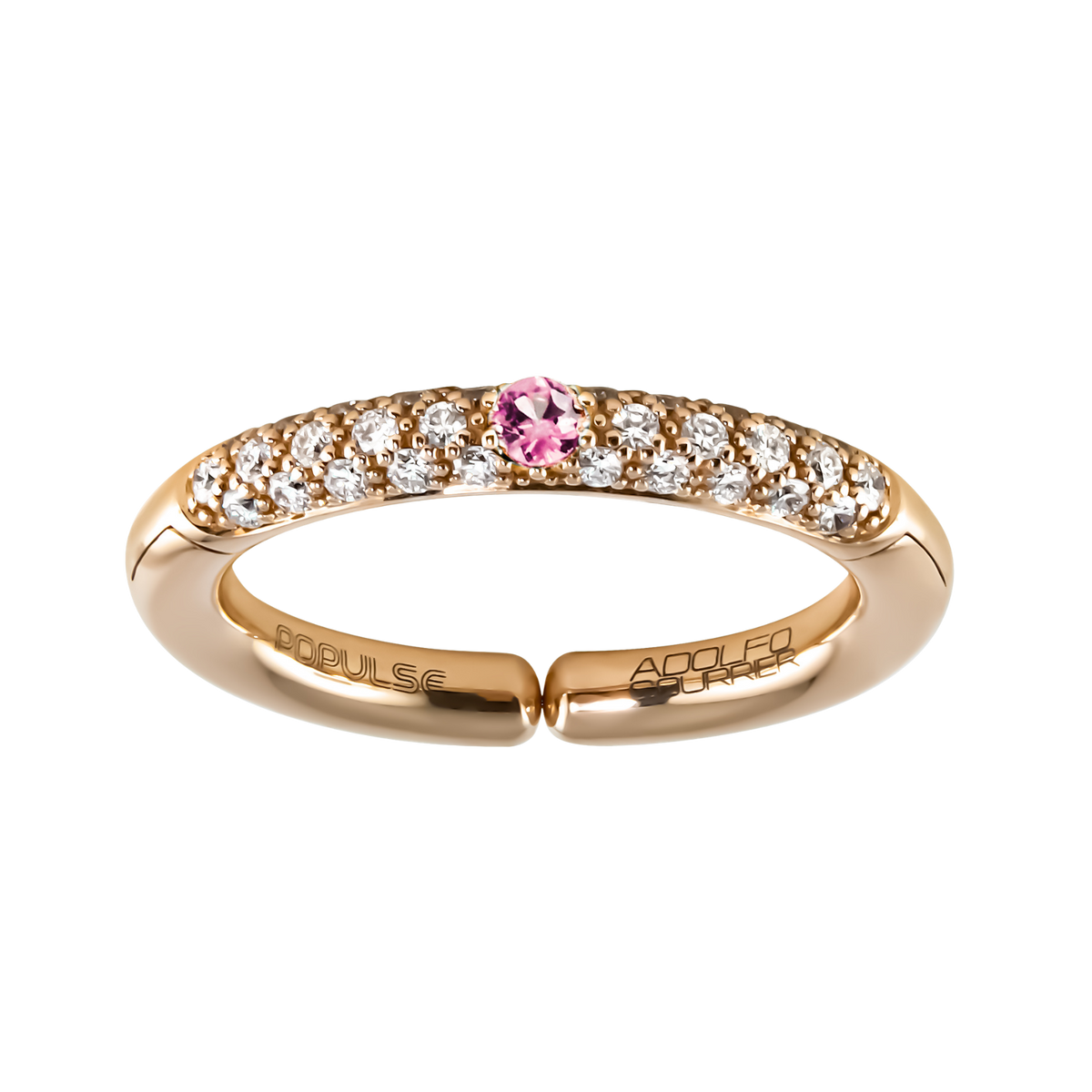 Bright and feminine, this adjustable size 53 ring pairs a vivid 0.08ct pink sapphire with a shimmering row of brilliant round diamonds, creating a beautifully balanced design.