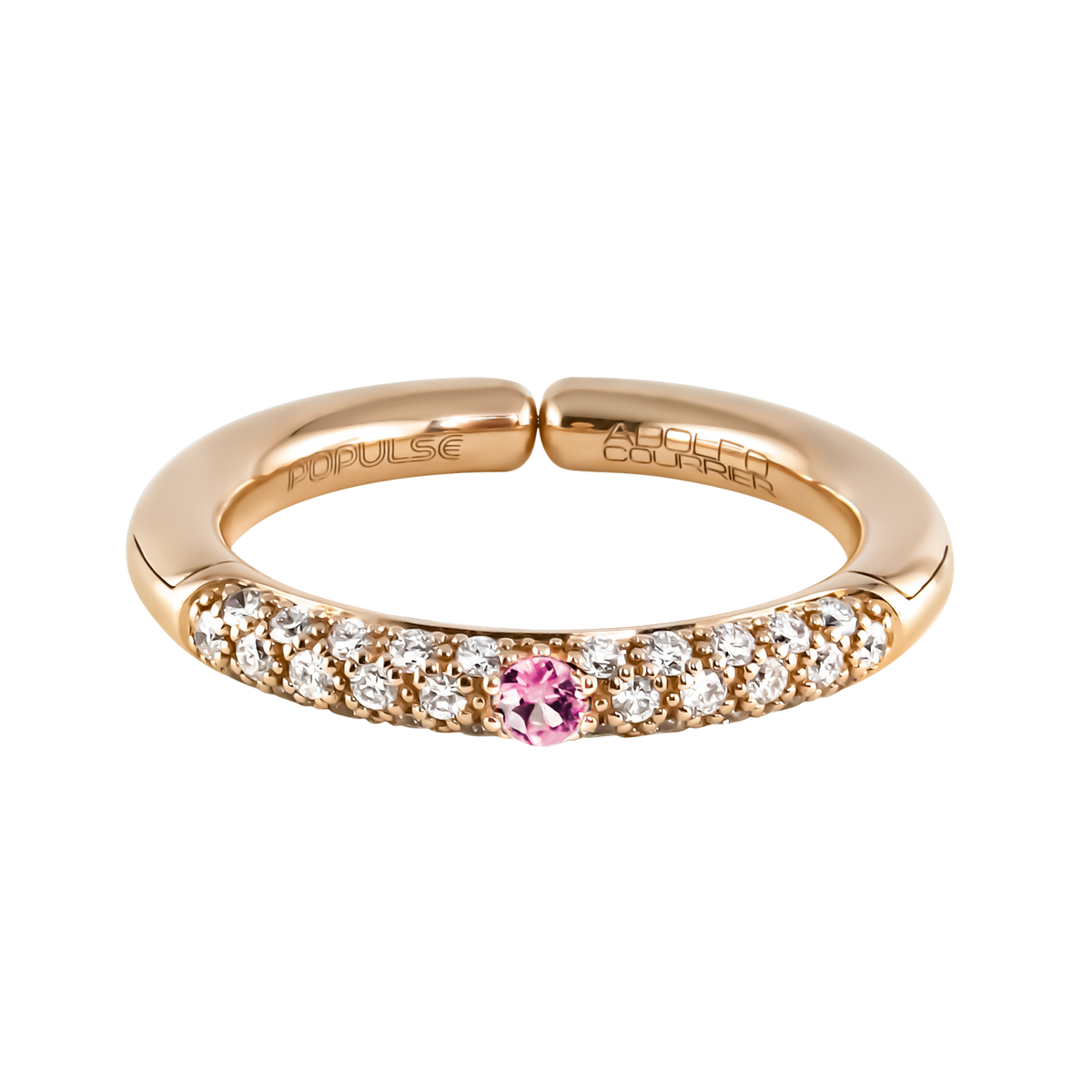 From the Populse Confetto Collection, this 18ct yellow gold ring combines a striking pink sapphire with a flowing half eternity setting of brilliant diamonds for a fresh, contemporary finish.