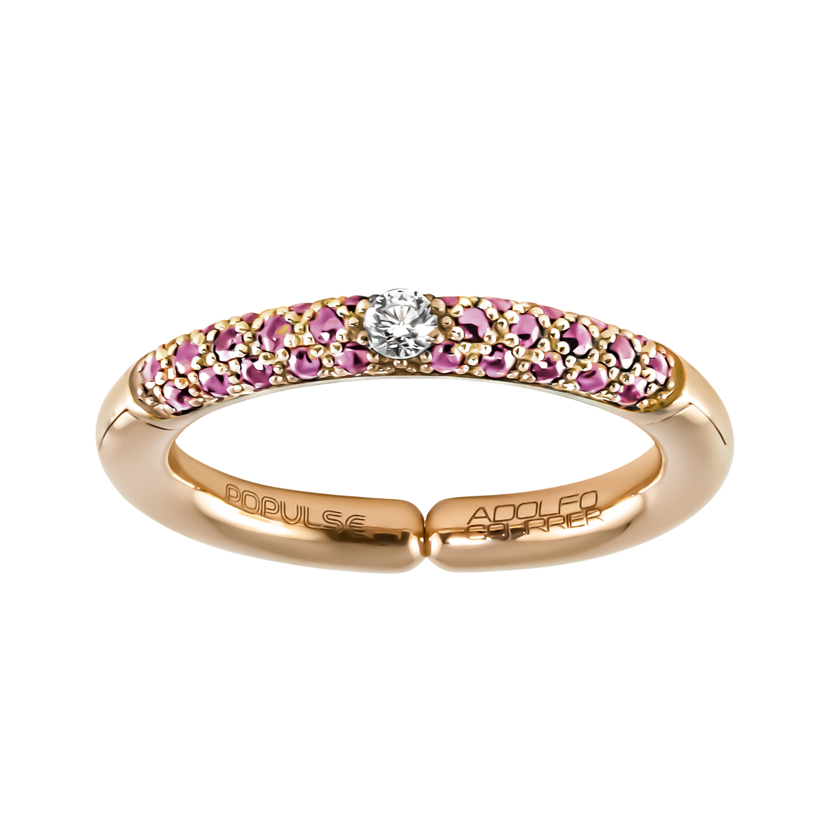 Fresh and feminine, this adjustable size 53 ring pairs a sparkling central diamond with a row of vivid pink sapphires, creating a beautiful balance of colour and light.
