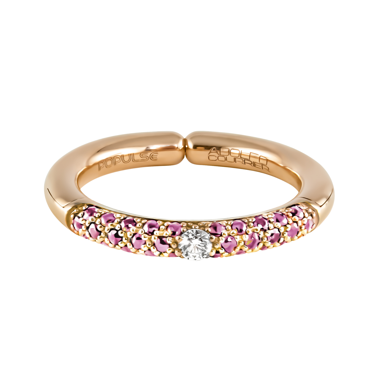 From the Populse Confetto Collection, this 18ct yellow gold design brings together a brilliant round diamond and a half eternity setting of pink sapphires for a playful yet elegant finish.