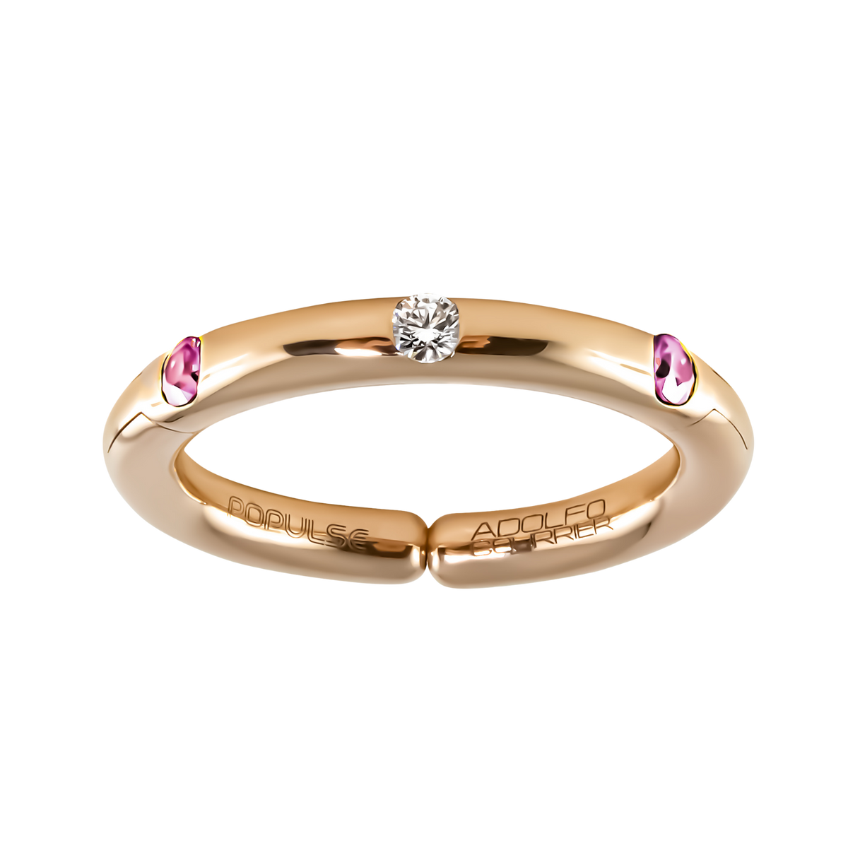 Designed with a modern touch, this adjustable size 53 ring showcases a brilliant white diamond at its centre, complemented by two pink sapphires that are thoughtfully spaced for an elegant, open look.
