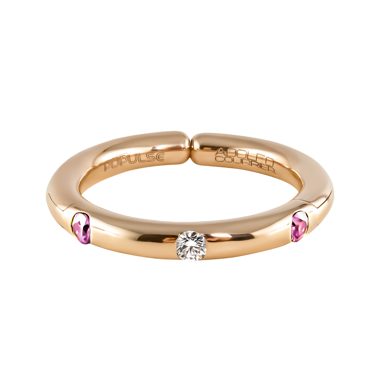 From the Populse Confetto Collection, this 18ct yellow gold ring pairs a radiant centre diamond with two pink sapphire accents, creating a beautifully balanced design with each gemstone seamlessly set into the band.