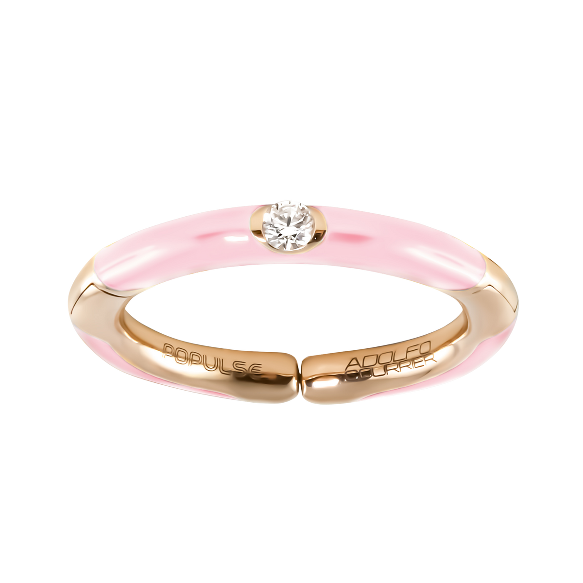 Bright and distinctive, this adjustable size 53 ring centres on a sparkling brilliant diamond, while soft pink enamel adds a colourful twist to the polished yellow gold band.