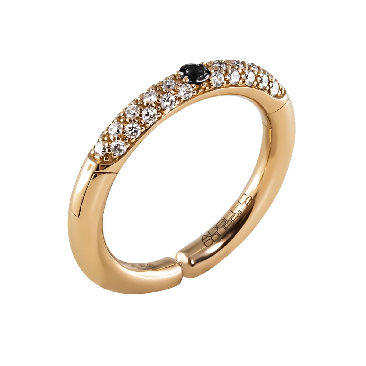 A striking half eternity ring crafted in 18ct yellow gold, featuring 0.29ct of brilliant round diamonds with a captivating black diamond at its centre.