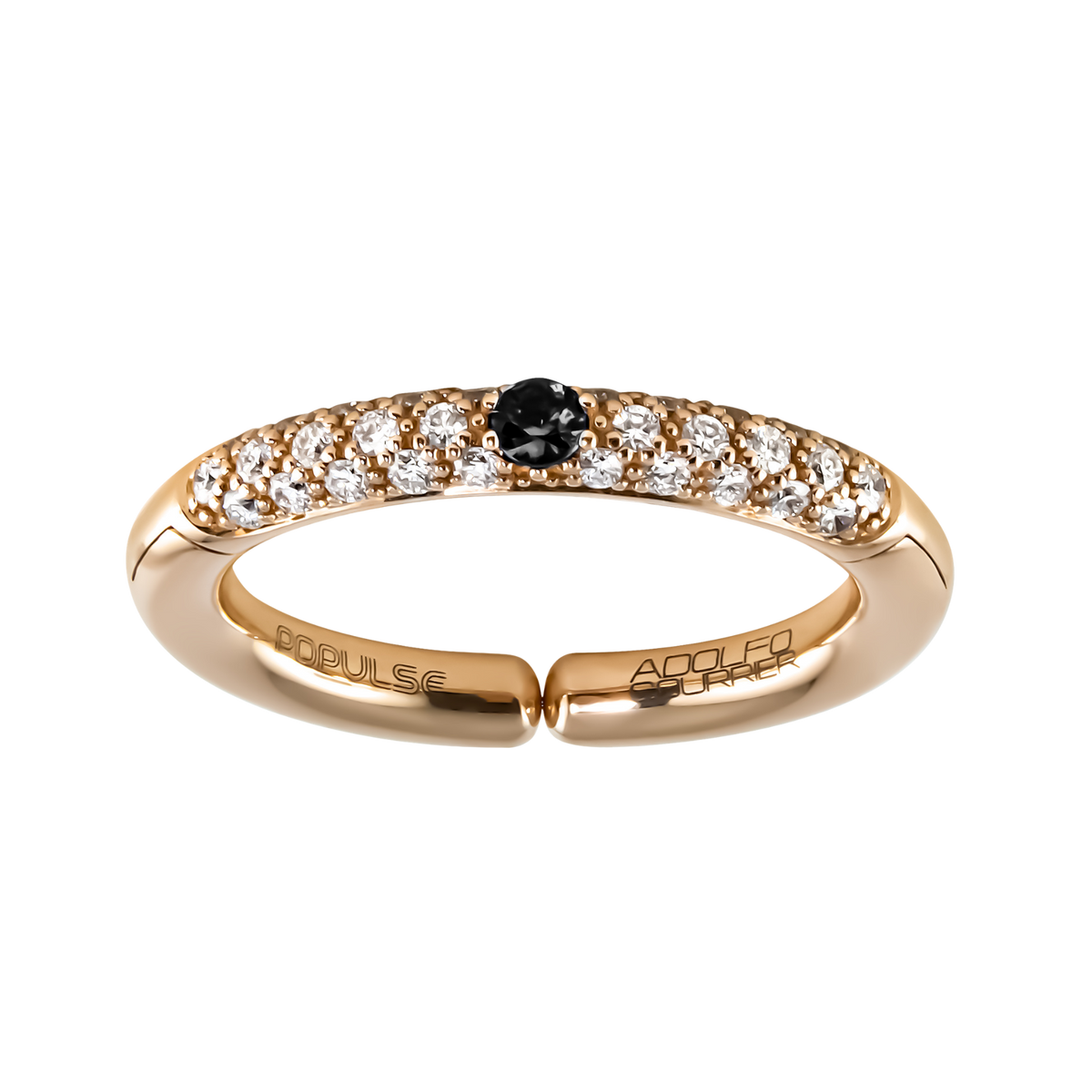 From the Populse Glam Collection, this contemporary design contrasts sparkling white diamonds with a single round black diamond, creating a bold yet elegant statement.