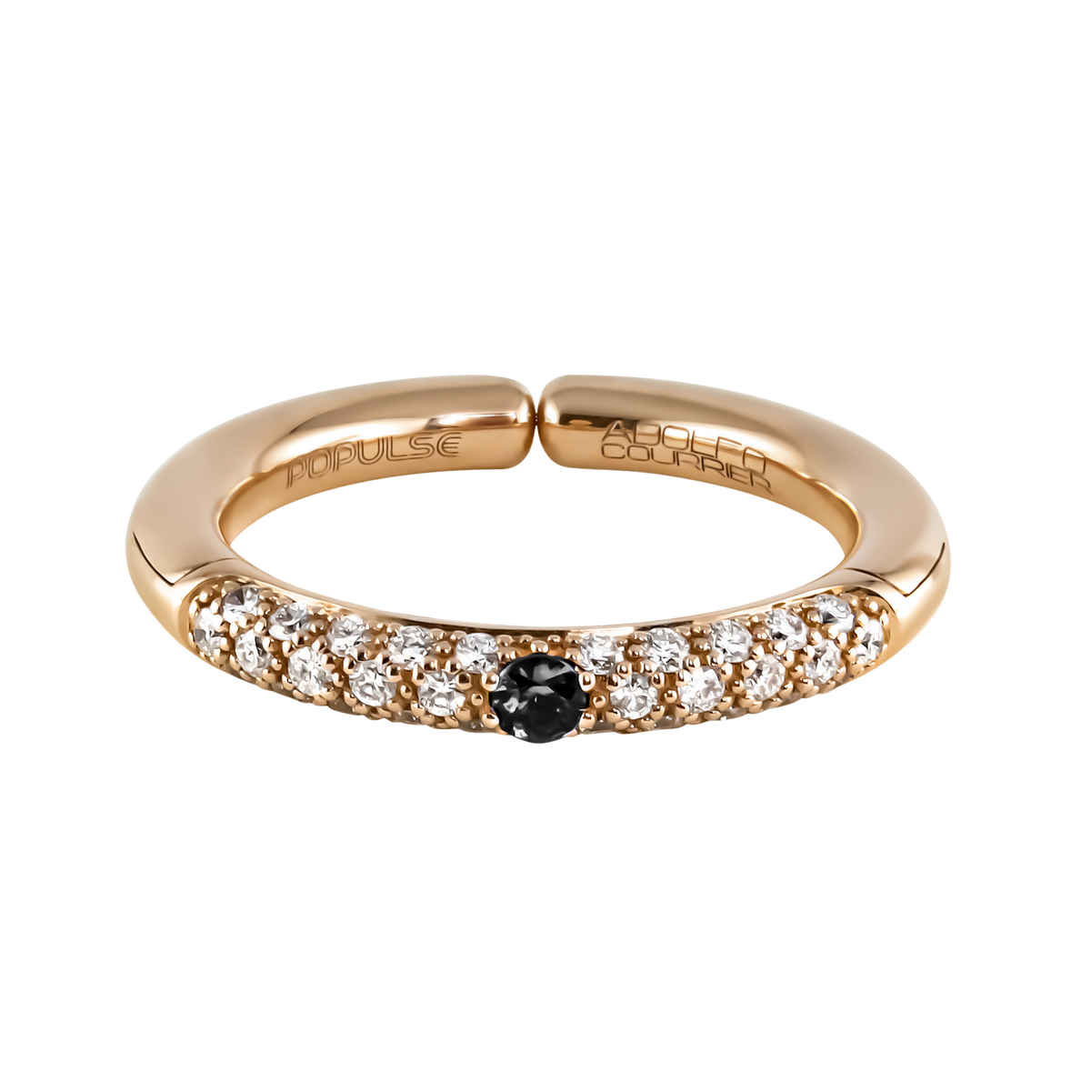 Refined with a modern edge, this 18ct yellow gold half eternity ring showcases a central black diamond, framed by a row of brilliant round white diamonds.