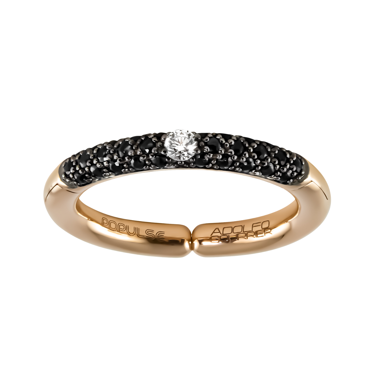 A bold take on classic elegance, this adjustable size 53 ring showcases a sparkling white diamond, framed by black diamonds for a dramatic contrast.
