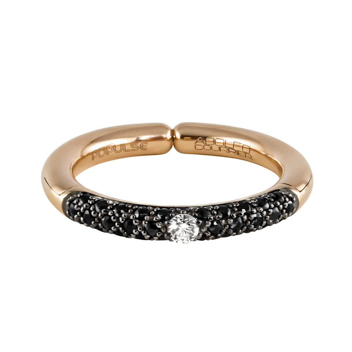 From the Populse Glam Collection, this 18ct yellow gold ring combines a brilliant white diamond with 0.31ct of black diamonds, creating a distinctive half eternity silhouette.