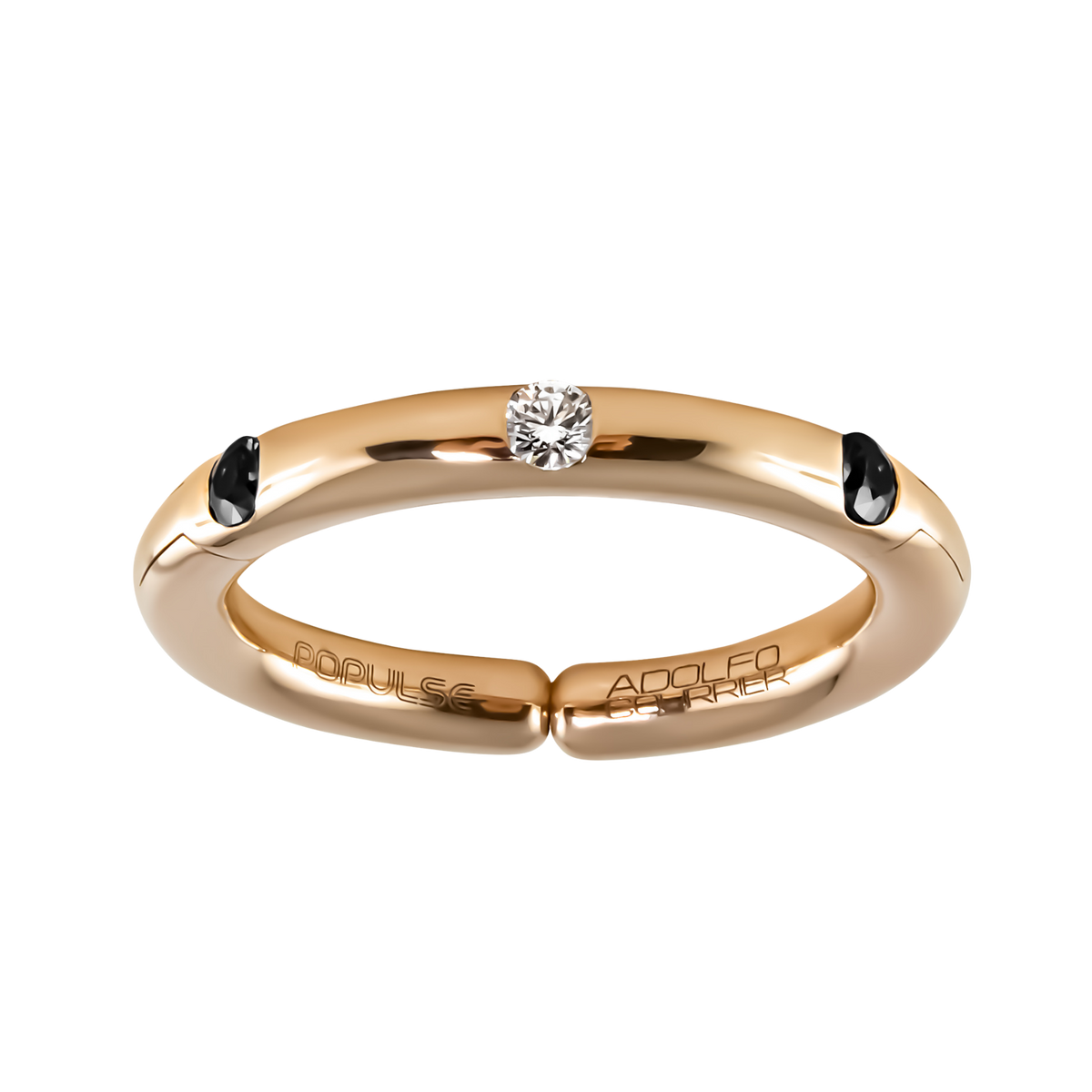 A contemporary 18ct yellow gold design showcasing a sparkling central white diamond, accented by two 0.14ct black diamonds for a striking contrast.