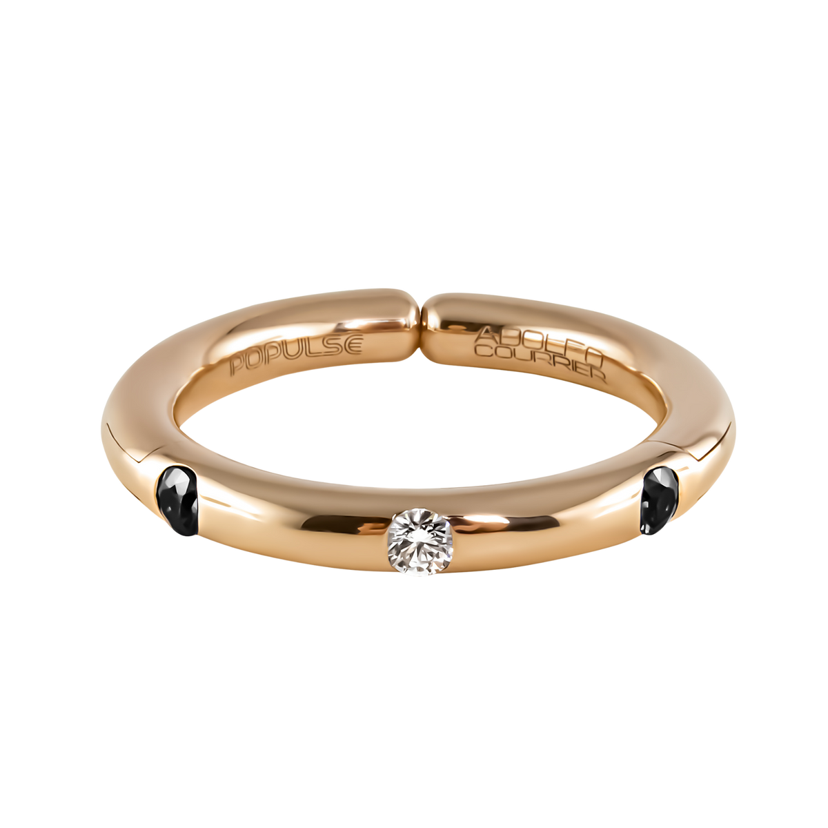 From the Populse Glam Collection, this refined ring pairs a brilliant round diamond with two black diamond accents, thoughtfully spaced for a modern finish.