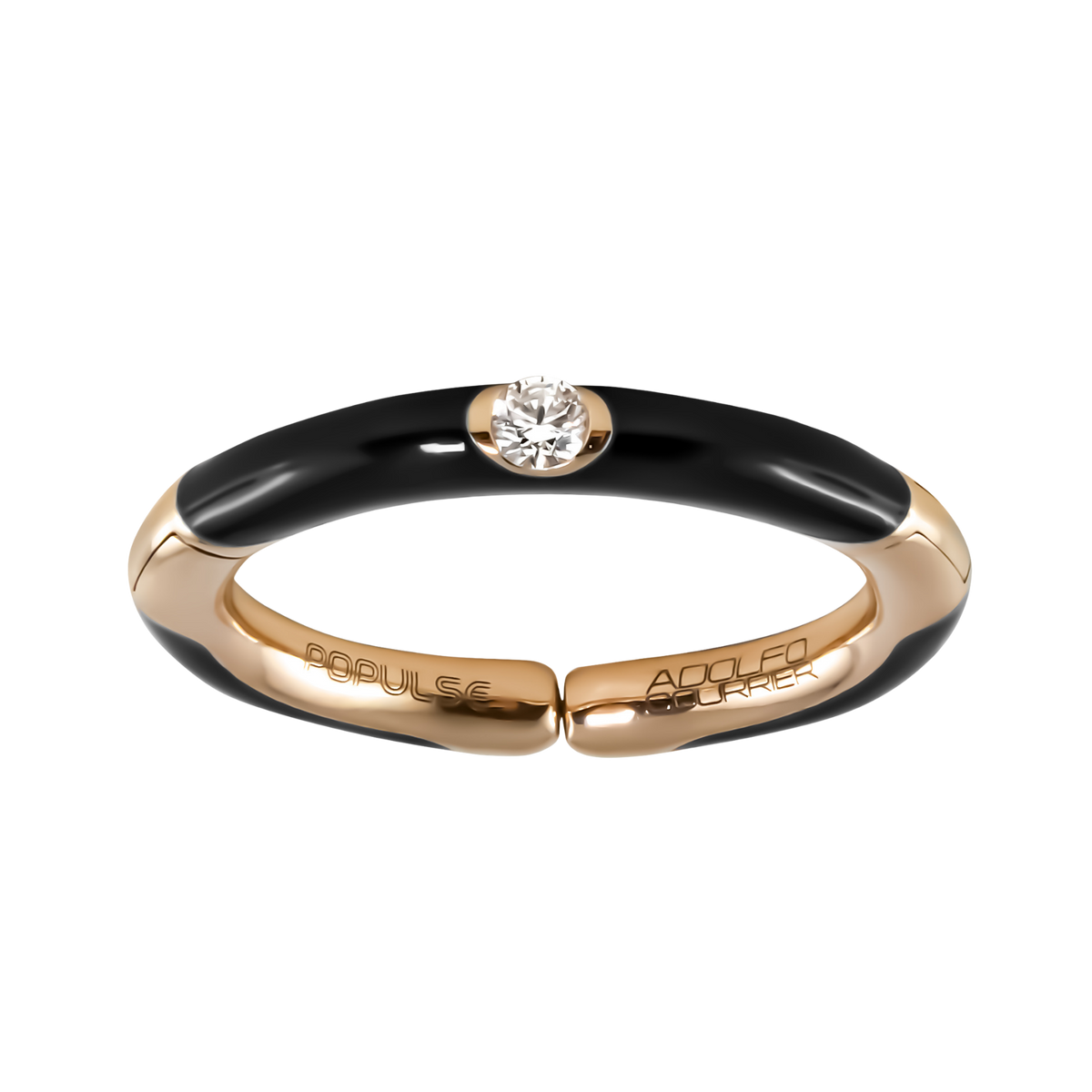 A bold fusion of elegance and modern design, this adjustable size 53 ring pairs a sparkling white diamond with striking black enamel accents.