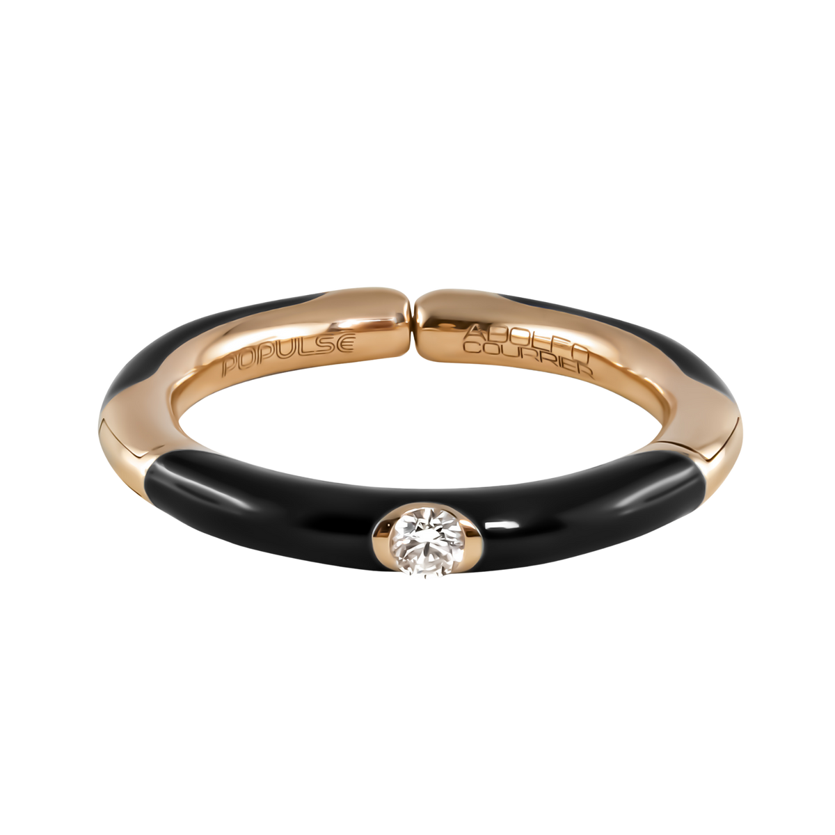 From the Populse Glam Collection, this 18ct yellow gold ring showcases a brilliant round diamond, beautifully contrasted by smooth black enamel detailing.