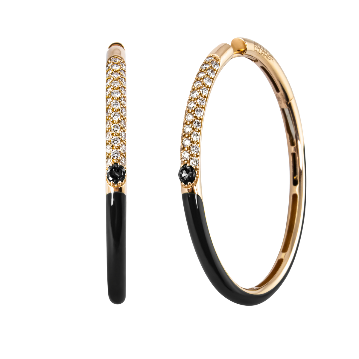A striking blend of brilliance and contrast, these 18ct yellow gold Populse Glam hoop earrings feature 0.54ct of brilliant round diamonds, accented by a single 0.15ct black diamond and finished with sleek black enamel.