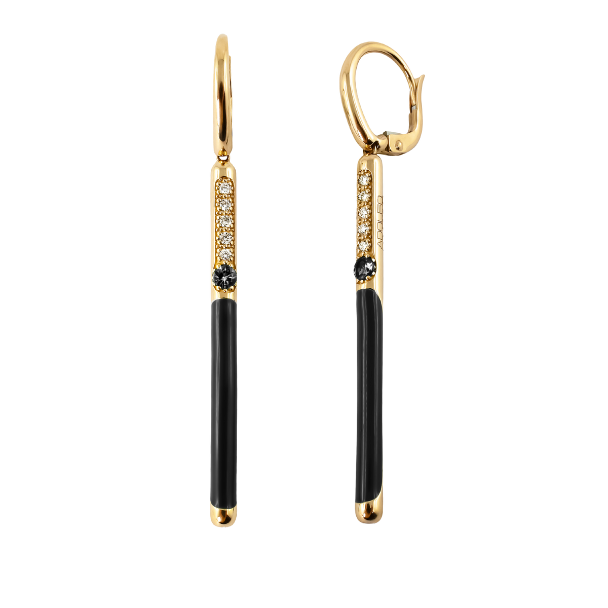 Sleek and contemporary, these 18ct yellow gold MyLine earrings feature 0.12ct of brilliant round diamonds, accented by a striking 0.14ct black diamond and finished with glossy partial black enamel.