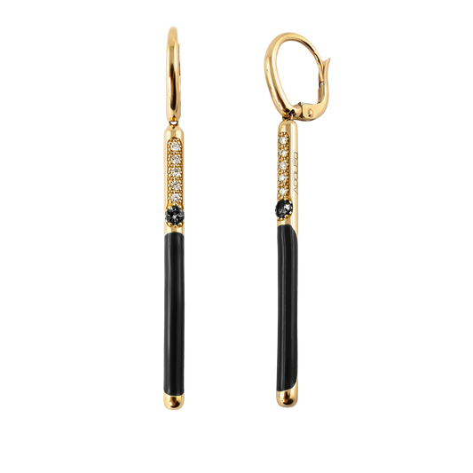 Sleek and contemporary, these 18ct yellow gold MyLine earrings feature 0.12ct of brilliant round diamonds, accented by a striking 0.14ct black diamond and finished with glossy partial black enamel.