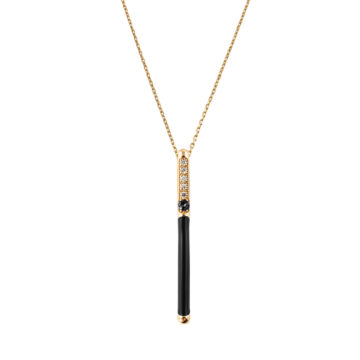 Sleek and contemporary, this 18ct yellow gold pendant is suspended from a 45cm chain and features 0.06ct of brilliant round diamonds, accented by a single 0.08ct black diamond and finished with glossy partial black enamel.