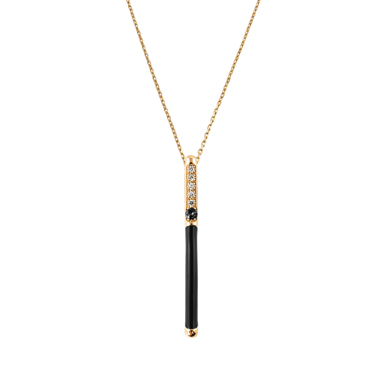 Sleek and contemporary, this 18ct yellow gold pendant is suspended from a 45cm chain and features 0.06ct of brilliant round diamonds, accented by a single 0.08ct black diamond and finished with glossy partial black enamel.