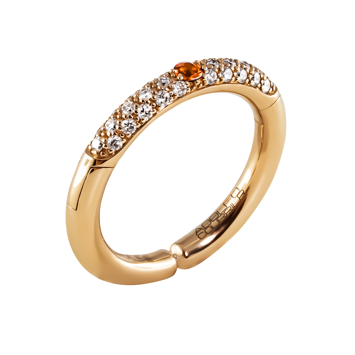 Crafted in 18ct yellow gold, this Populse Hermès half eternity ring features 0.29ct of brilliant round diamonds, centred by a vibrant 0.07ct orange sapphire.