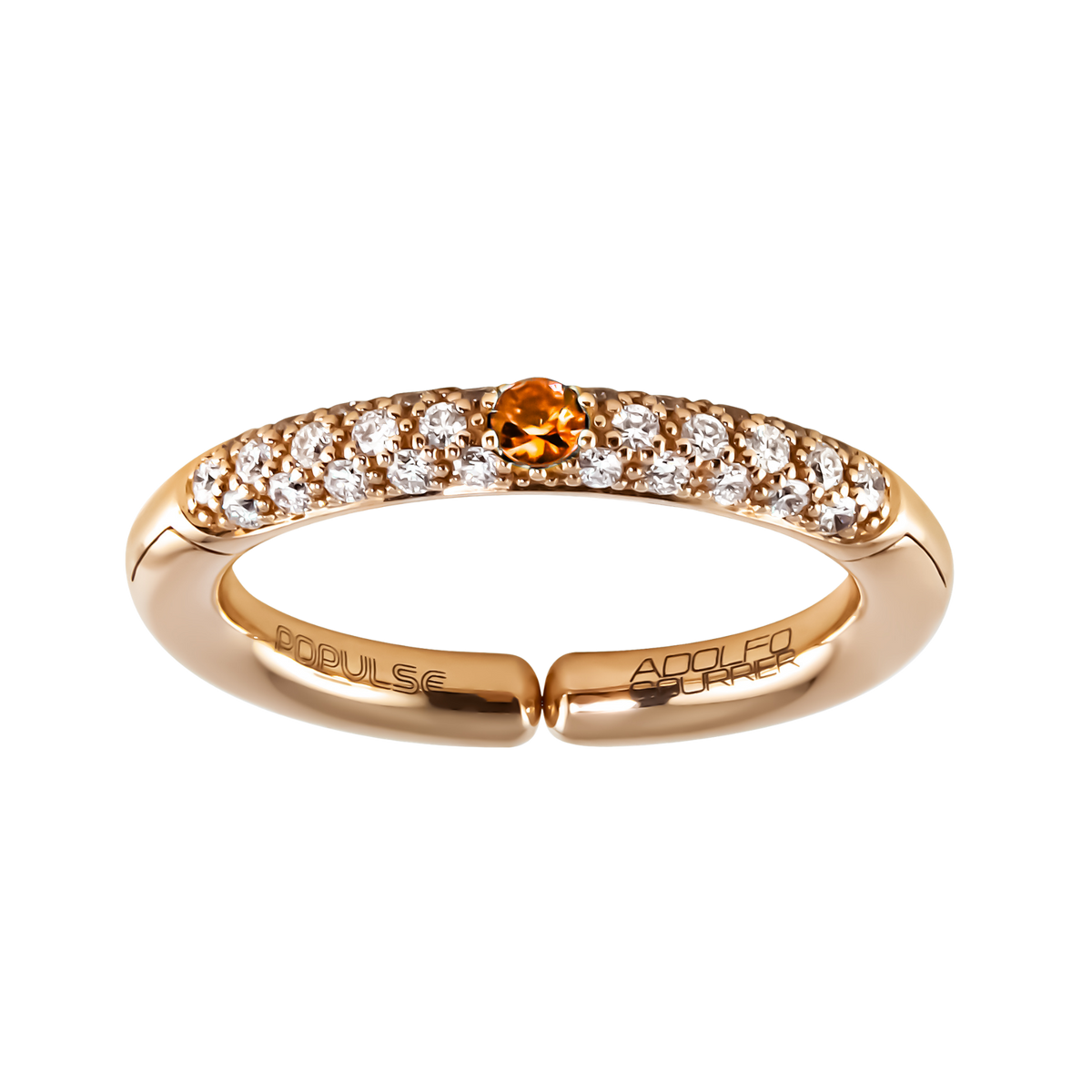 A contemporary half eternity design showcasing a striking orange sapphire at its centre, framed by a sparkling row of brilliant round diamonds in 18ct yellow gold.