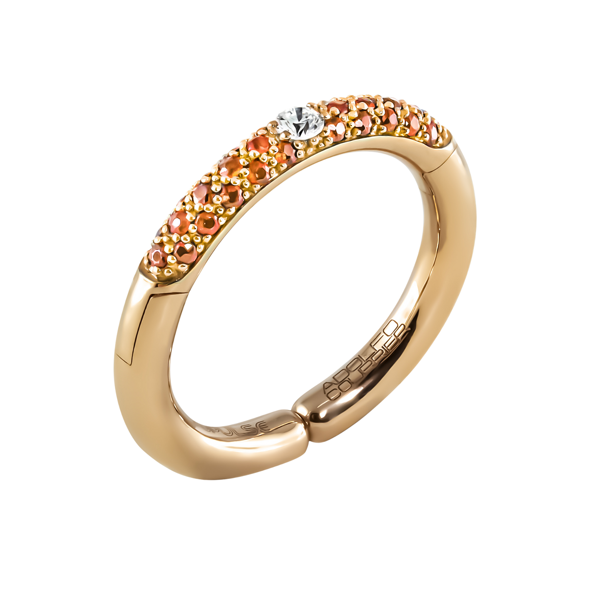 Crafted in 18ct yellow gold, this Populse Hermès ring features a 0.08ct brilliant round diamond at its centre, framed by a half eternity band of 0.37ct orange sapphires.