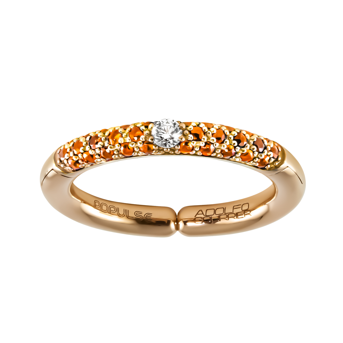 A vibrant expression of modern elegance, this adjustable size 53 ring pairs a sparkling central diamond with a radiant row of orange sapphires in 18ct yellow gold.