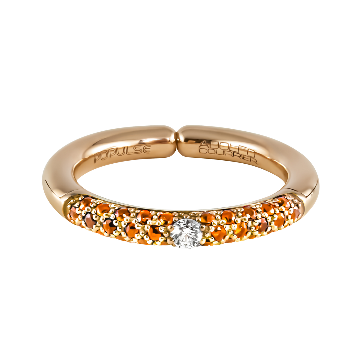 From the Populse Hermès Collection, this contemporary design showcases a brilliant round diamond, beautifully complemented by a half eternity setting of vivid orange sapphires.