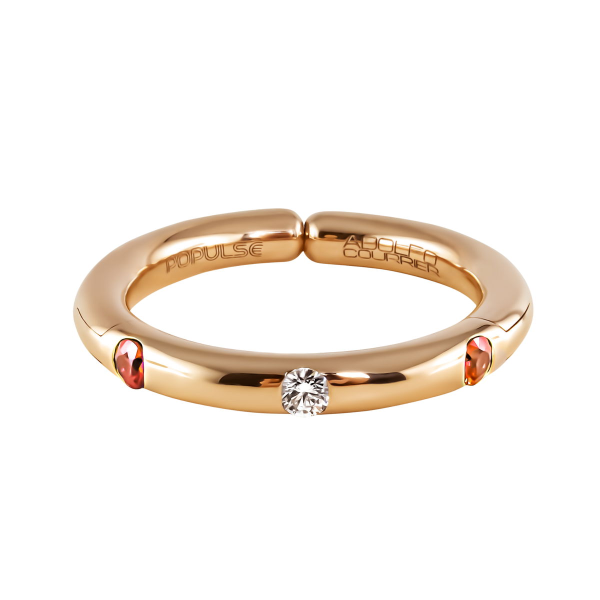 From the Populse Hermès Collection, this adjustable size 53 ring highlights a brilliant round diamond with orange sapphire accents seamlessly set into the band for a contemporary finish.