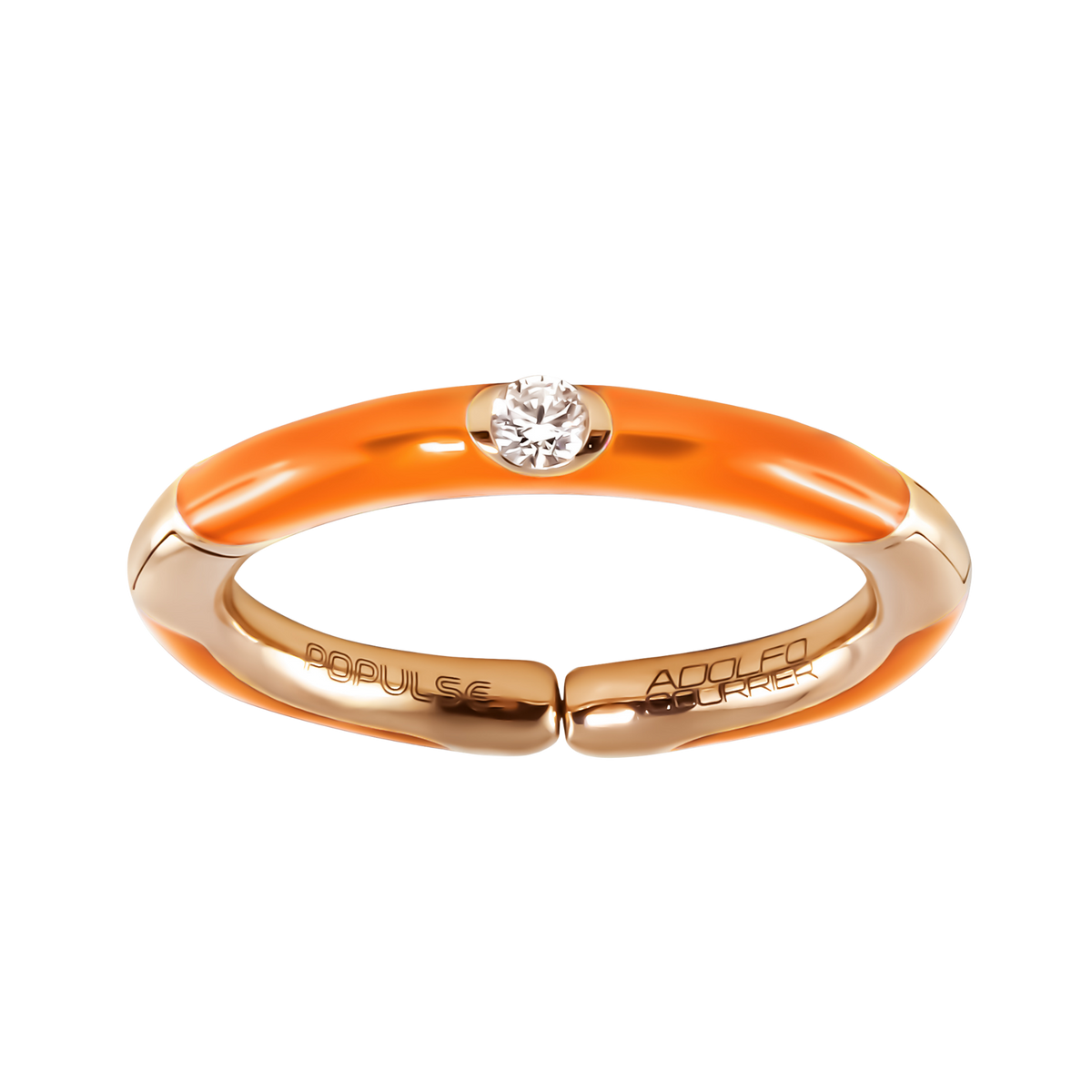 Bright and contemporary, this adjustable size 53 ring pairs a single brilliant round diamond with bold orange enamel accents for a distinctive look.