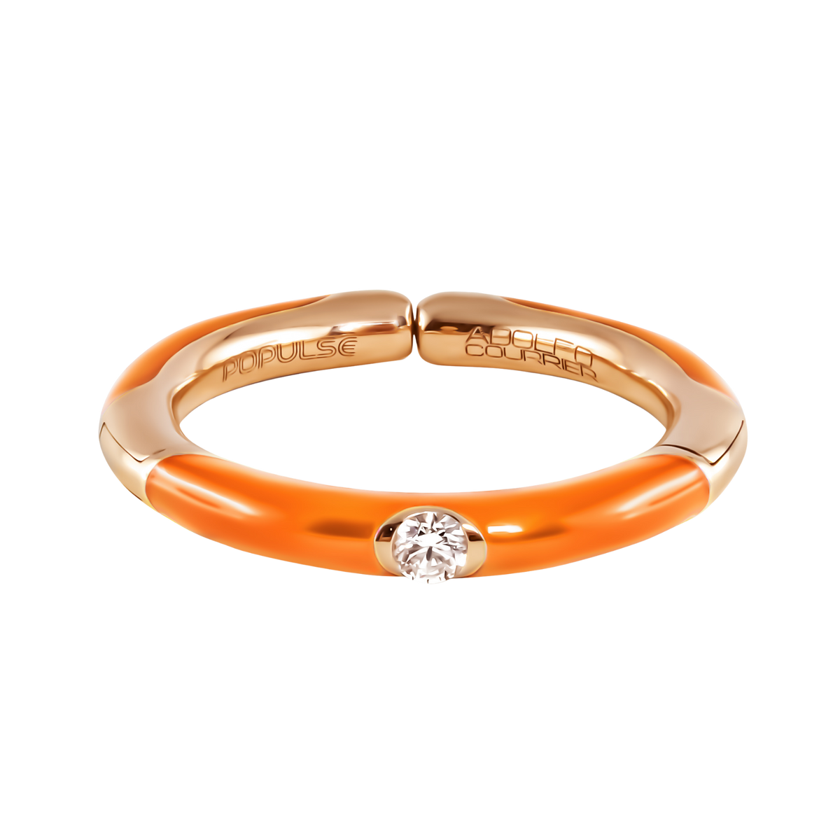 Designed to make a subtle statement, this 18ct yellow gold ring combines a sparkling central diamond with smooth partial orange enamel, bringing warmth and character to the design.