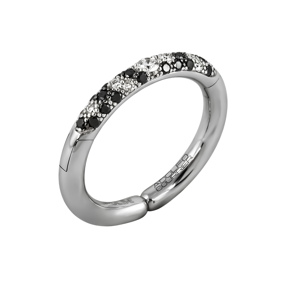 A striking mix of light and dark, this 18ct white gold Populse Jungle Black & White ring features a 0.22ct brilliant round diamond at its centre, with a beautifully scattered blend of white and black diamonds flowing along the half eternity band.