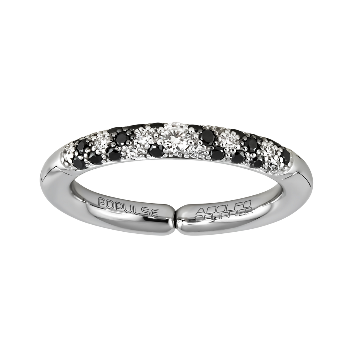 Contemporary and full of contrast, this adjustable size 53 ring pairs a sparkling central diamond with a unique arrangement of black and brilliant round diamonds, creating a modern take on the classic half eternity design.