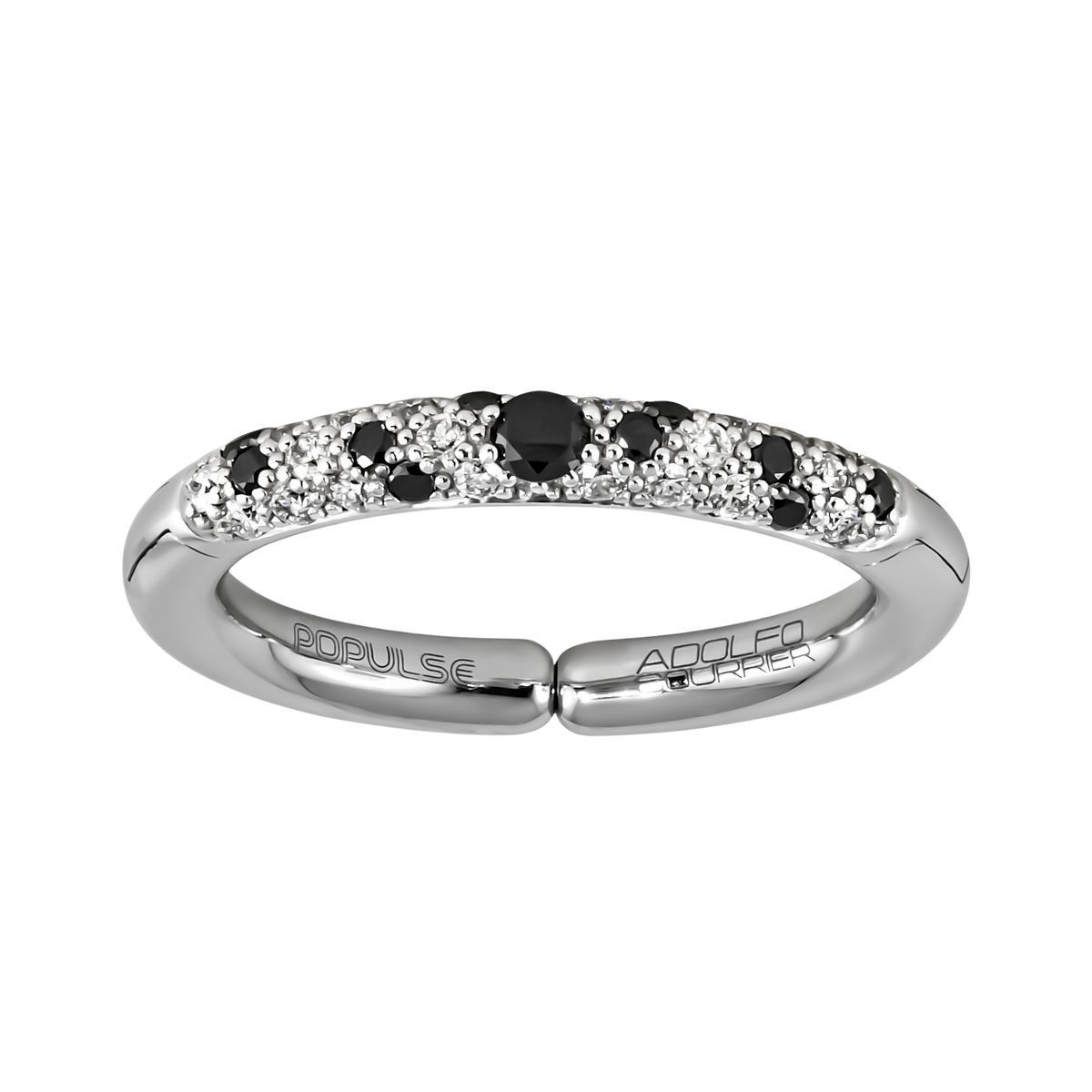 Modern and distinctive, this adjustable size 53 ring features a black diamond at its heart, complemented by a unique mix of brilliant white and black diamonds that flow effortlessly around the band.