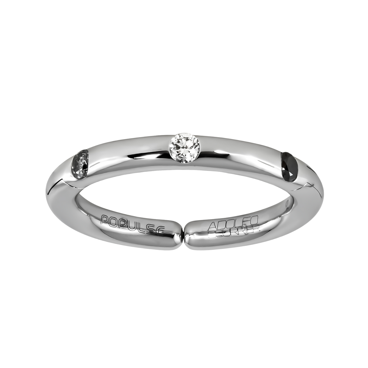 Designed with understated elegance, this adjustable size 53 ring showcases a sparkling central diamond, accented by two black and grey diamonds that are thoughtfully spaced for a clean, modern finish.