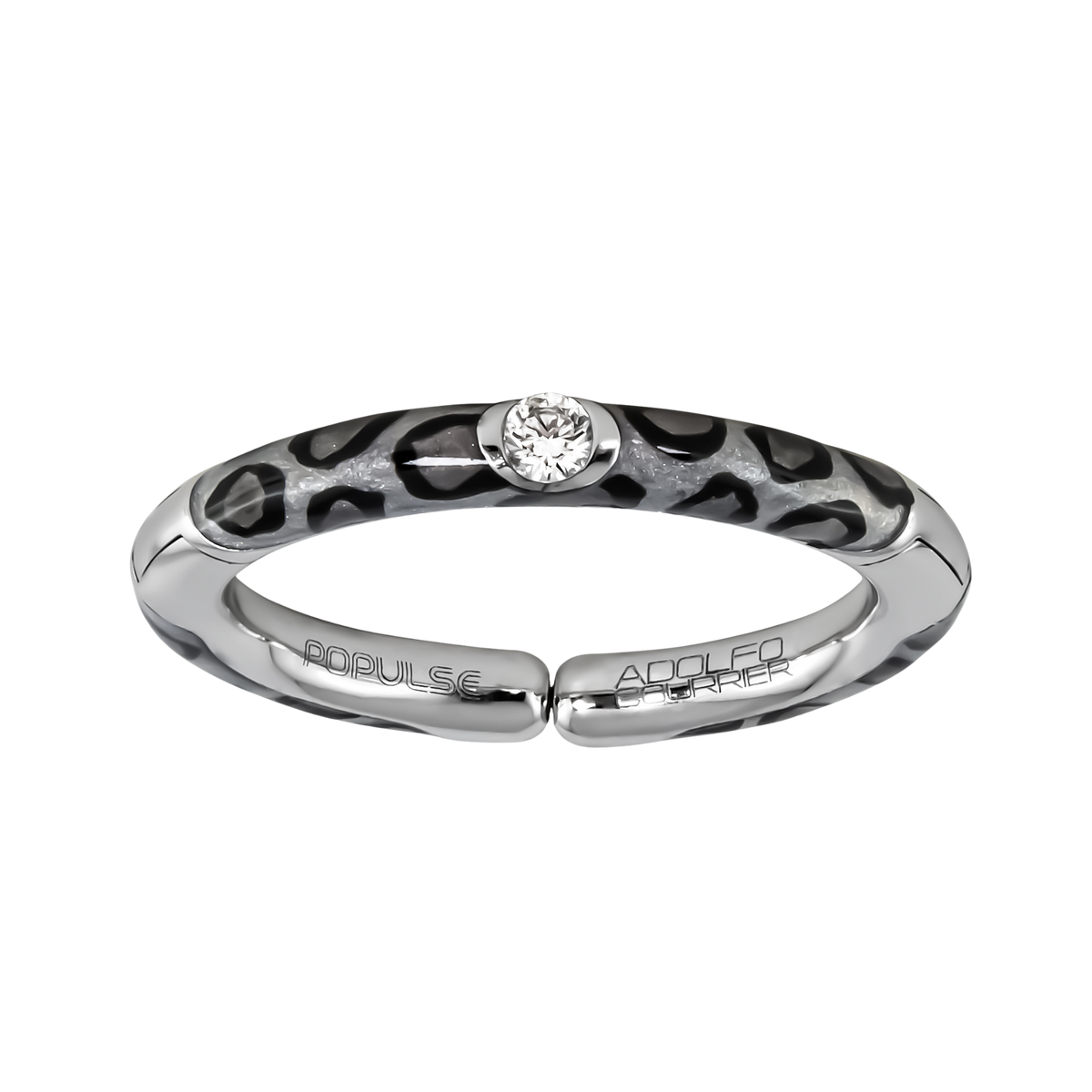 A playful twist on fine jewellery, this 18ct white gold Populse Jungle Black & White ring features a 0.08ct brilliant round diamond, complemented by a bold black and grey leopard-inspired pattern flowing along the band.