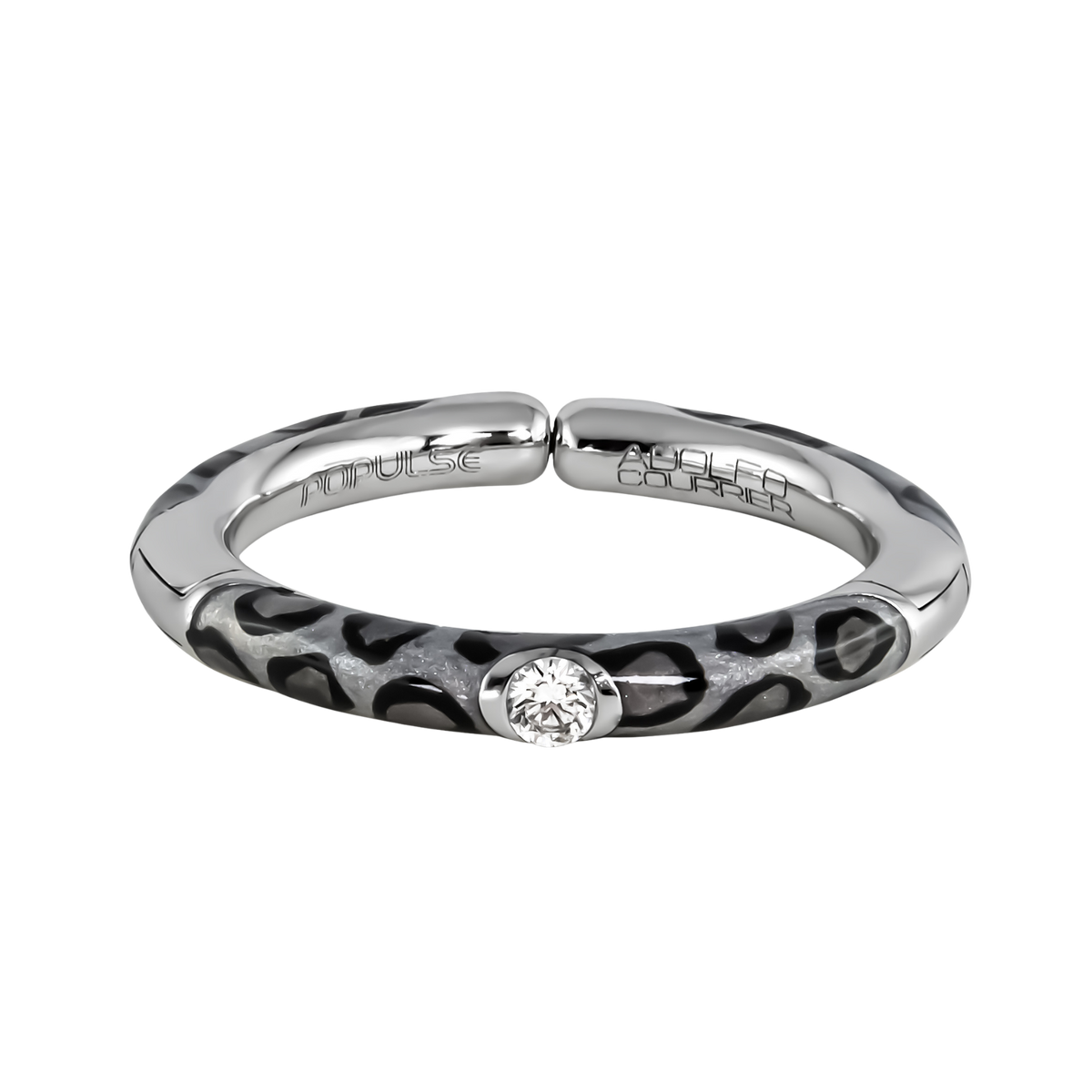 Contemporary and full of character, this adjustable size 53 ring pairs a sparkling central diamond with a distinctive black and grey animal-print design, bringing a unique edge to a timeless silhouette.