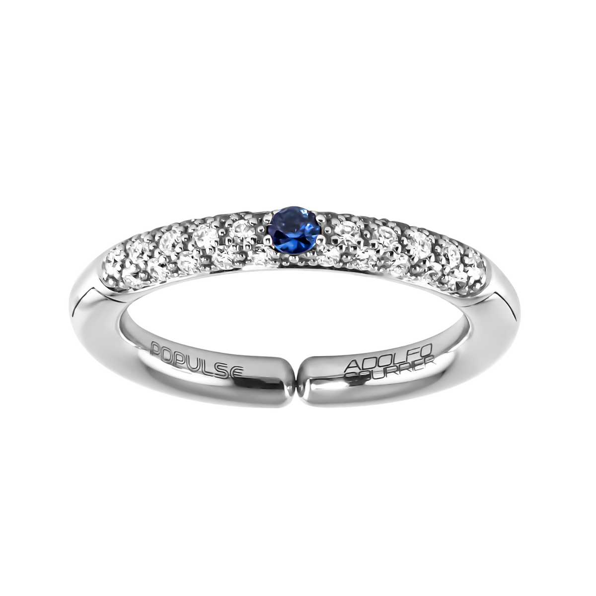 Inspired by rich blue tones, this adjustable size 53 ring combines sparkling brilliant diamonds with a vibrant blue sapphire, creating a timeless yet contemporary design.