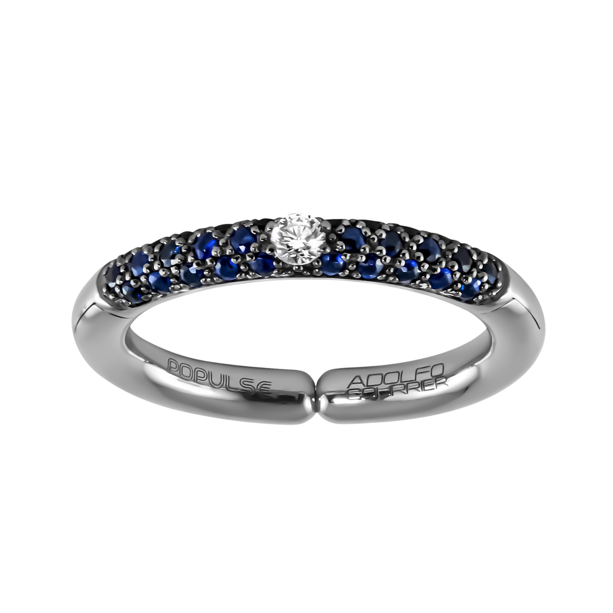Inspired by rich denim-blue tones, this adjustable size 53 ring places a sparkling white diamond at its centre, while deep blue sapphires sweep gracefully along the band, creating exceptional depth and colour.