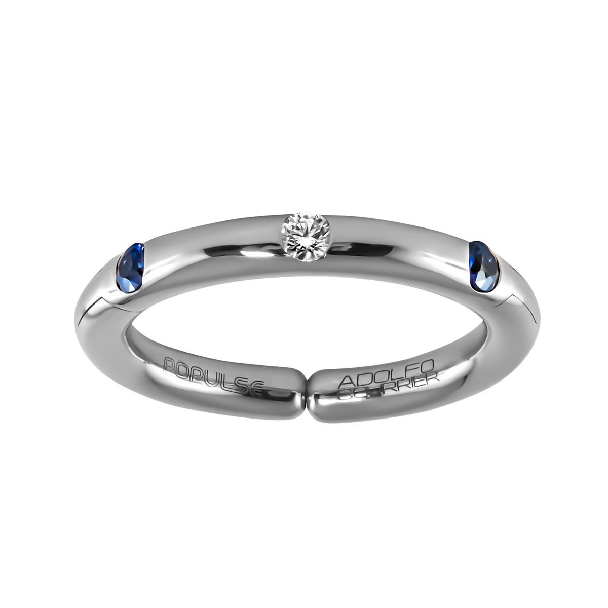 Contemporary and effortlessly elegant, this adjustable size 53 ring centres on a brilliant white diamond, with a blue sapphire on either side adding a subtle touch of colour and contrast.