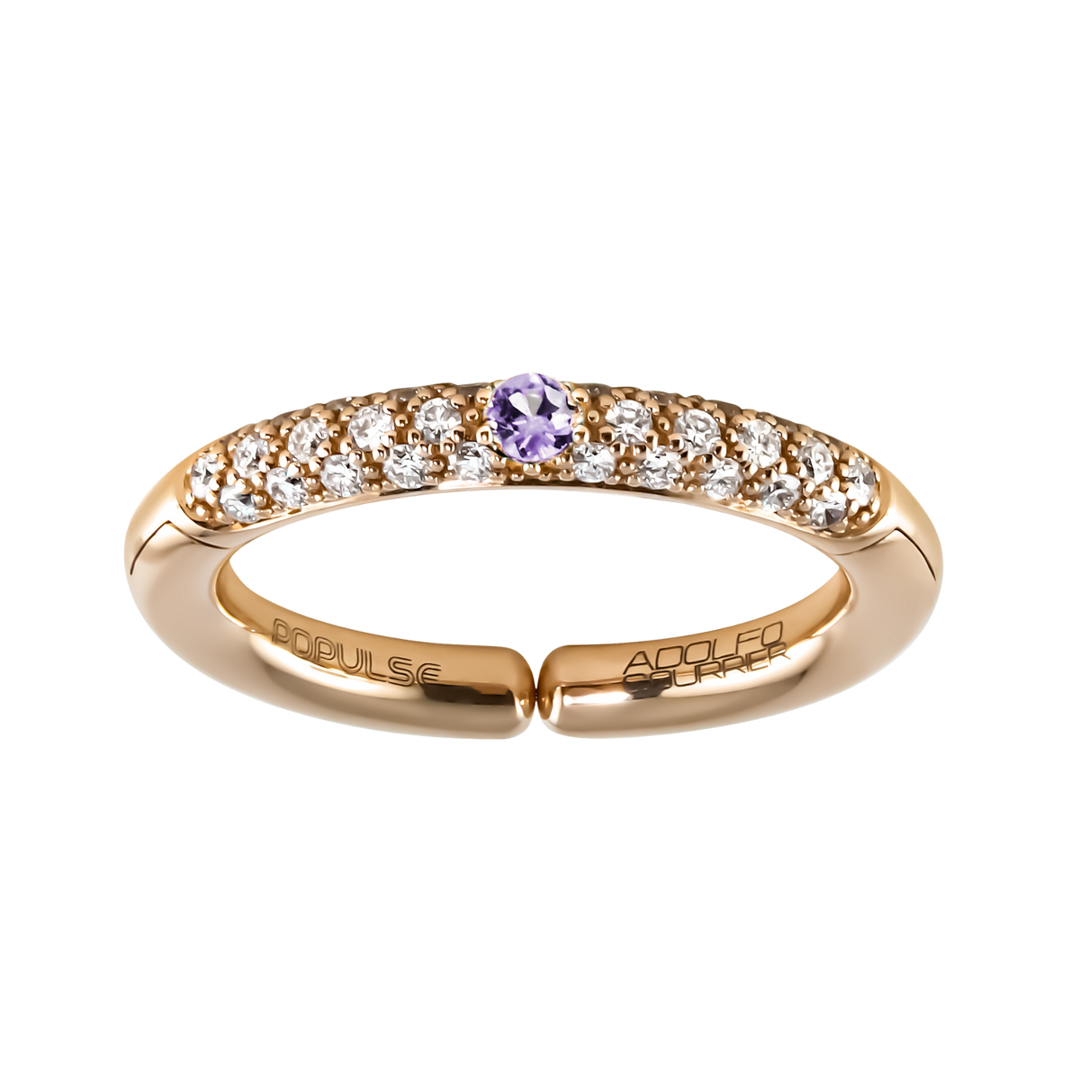 Delicate yet eye-catching, this adjustable size 53 ring pairs a lilac sapphire with a shimmering half eternity band of brilliant diamonds, creating an elegant balance of colour and light.