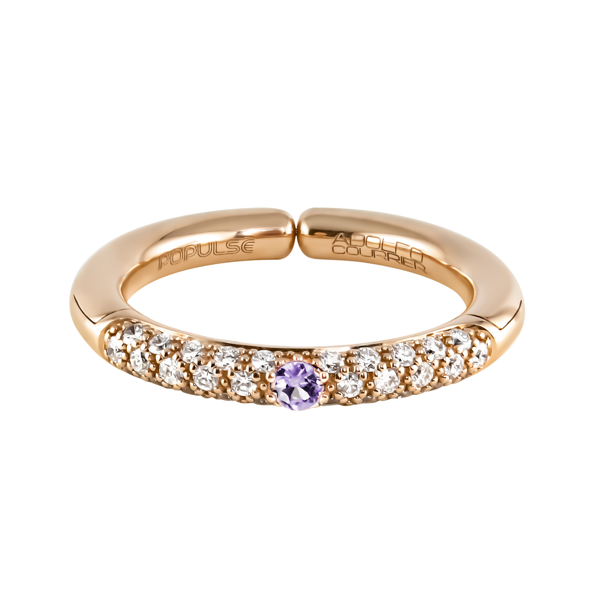 From the Populse Lilla Collection, this 18ct yellow gold design combines a vibrant lilac sapphire with a flowing row of brilliant round diamonds for a fresh, contemporary finish.