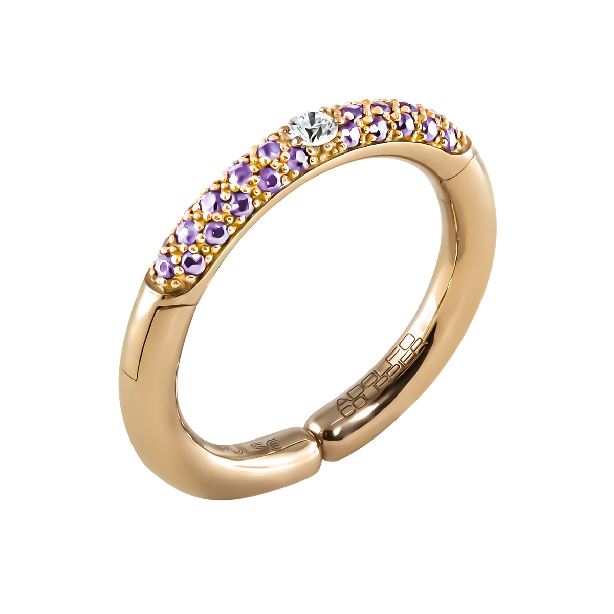 Soft lilac hues meet timeless brilliance in this 18ct yellow gold Populse Lilla ring, featuring a 0.09ct brilliant round diamond surrounded by a shimmering half eternity of lilac sapphires.