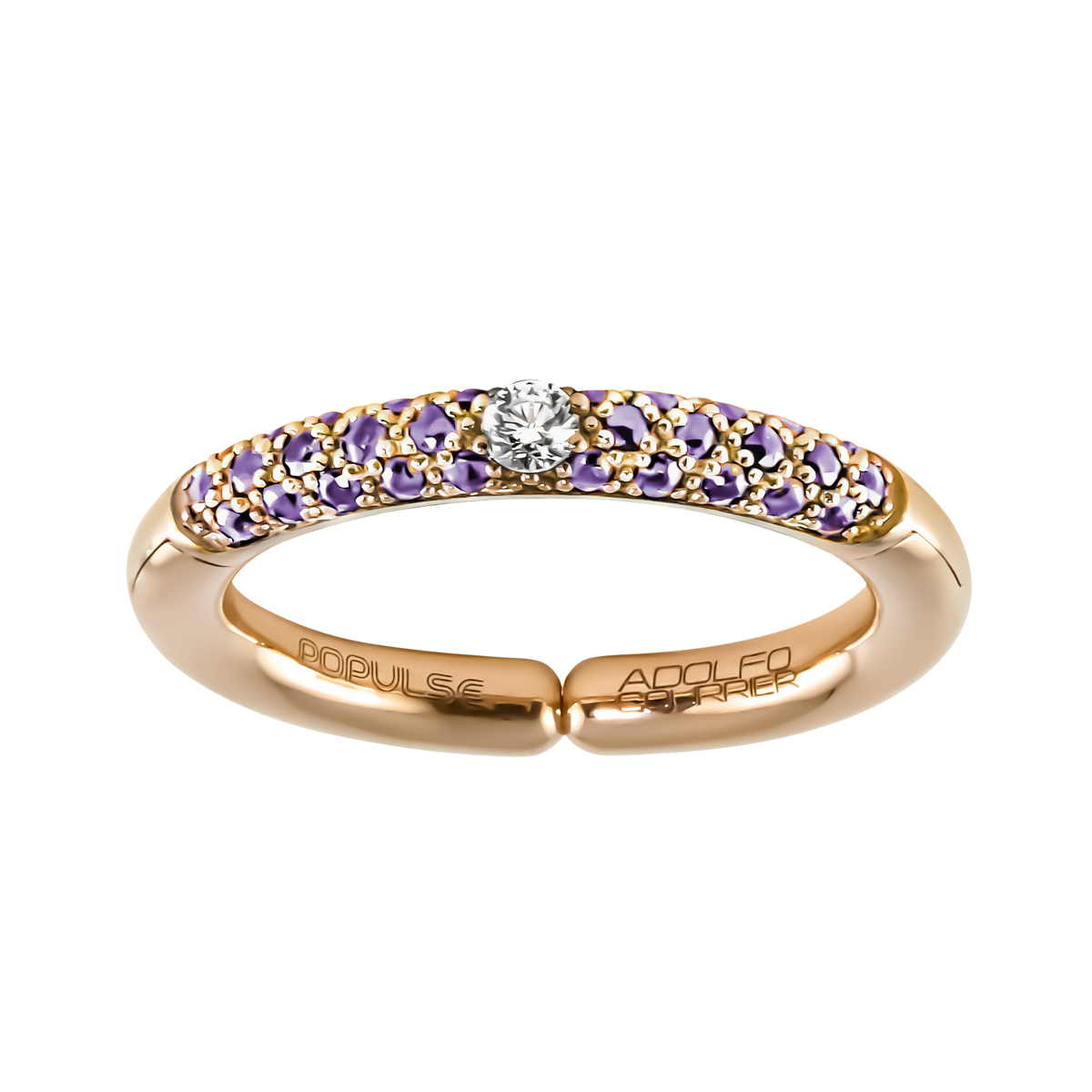 Delicate in colour yet full of sparkle, this adjustable size 53 ring combines a radiant centre diamond with 0.33ct of lilac sapphires for a fresh, elegant finish.
