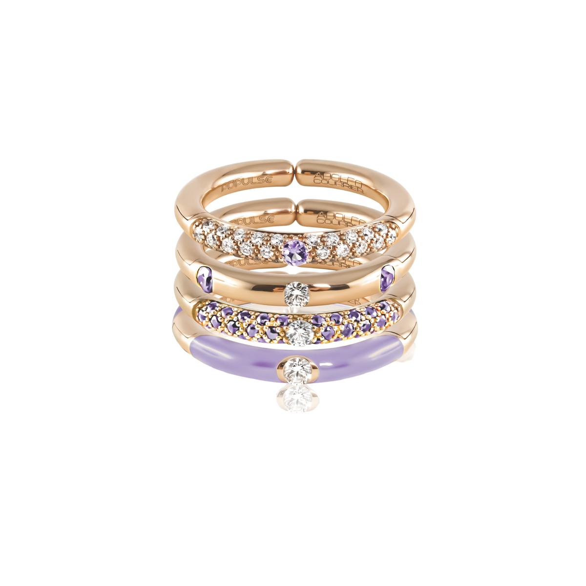 From the Populse Lilla Collection, this 18ct yellow gold design showcases a brilliant round diamond set above a flowing row of lilac sapphires, creating a graceful balance of colour and light.