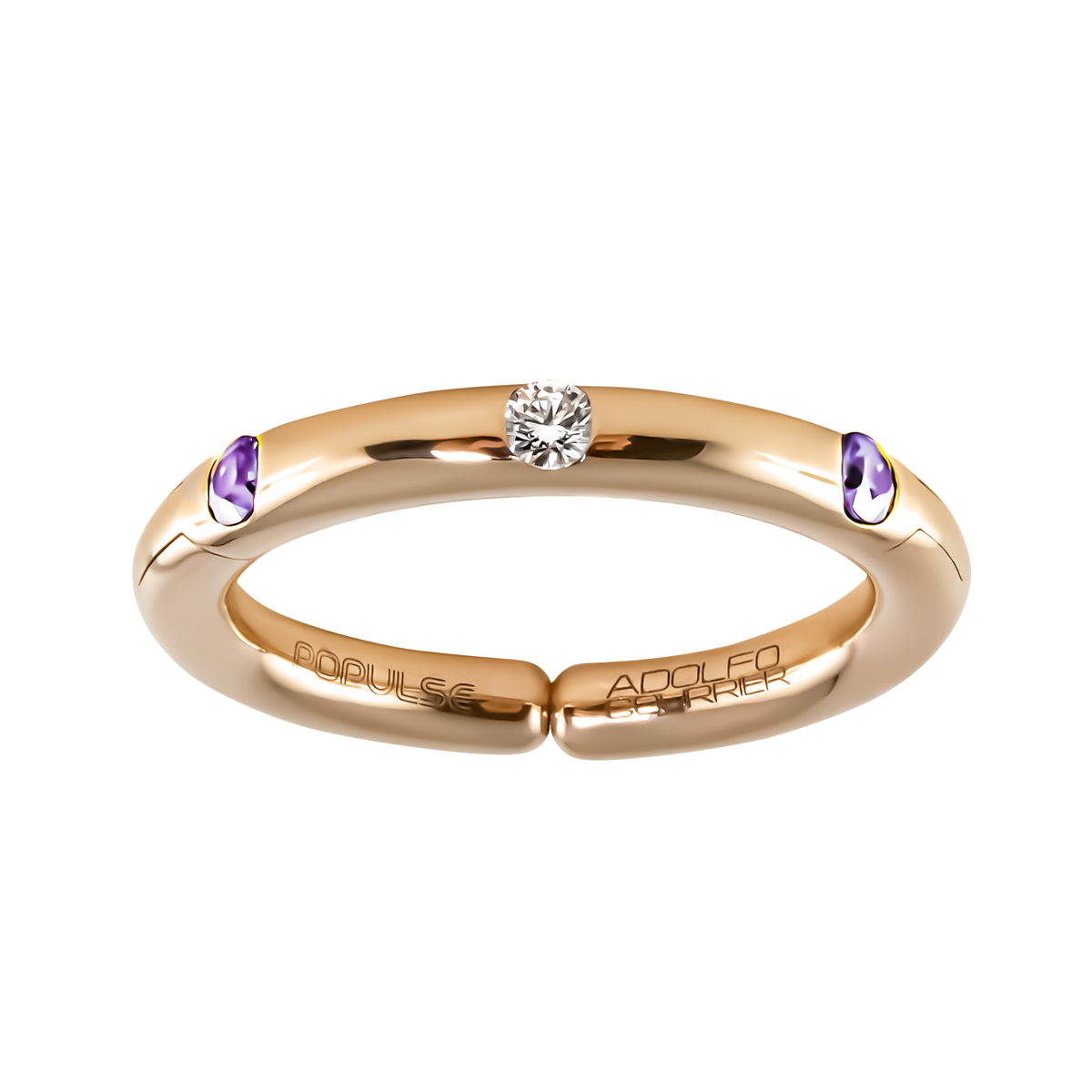 Delicate and contemporary, this adjustable size 53 ring pairs a radiant centre diamond with two soft lilac sapphires, adding a subtle touch of colour to the polished yellow gold design.