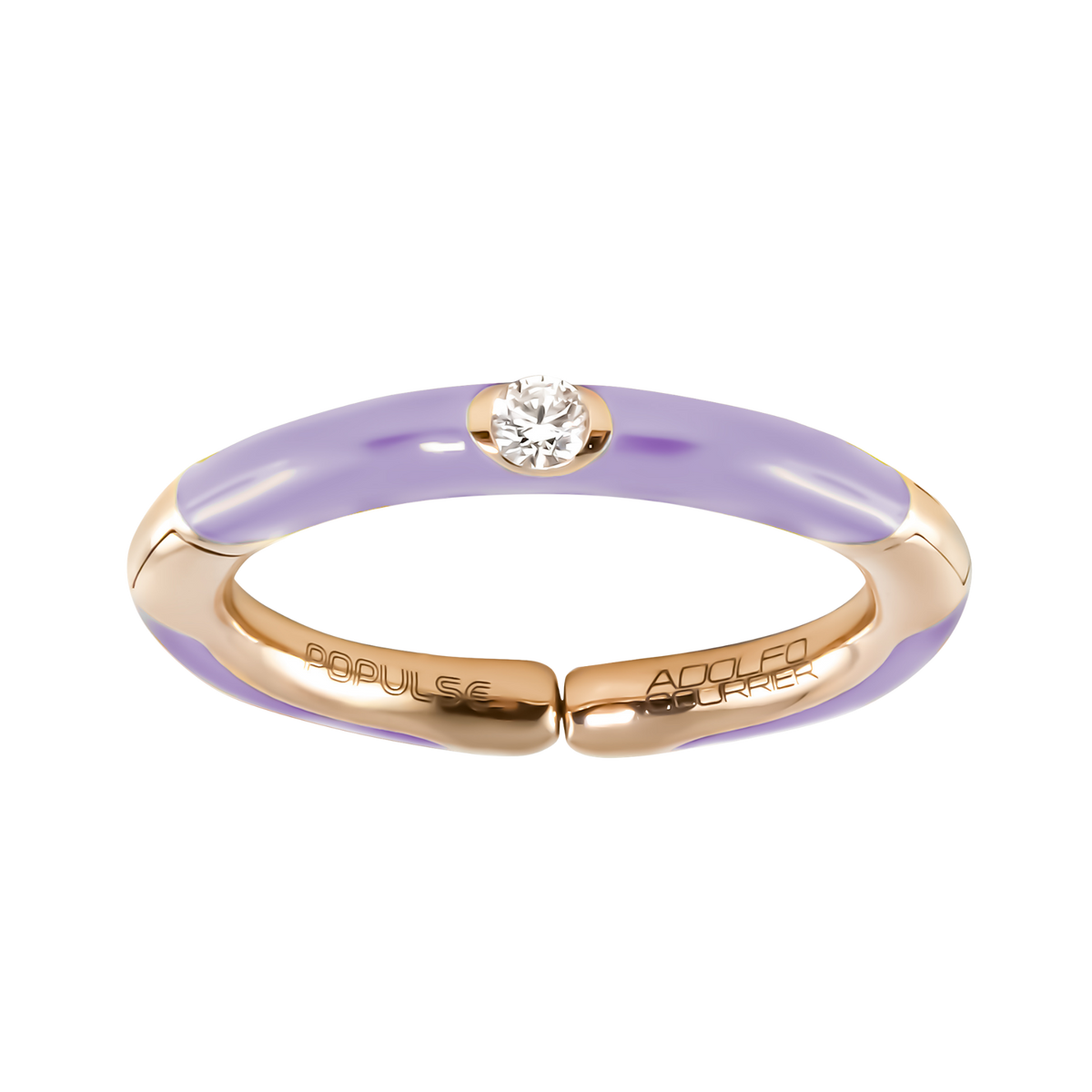 Fresh and contemporary, this adjustable size 53 ring showcases a single brilliant diamond, beautifully complemented by smooth lilac enamel that adds a subtle, playful touch.