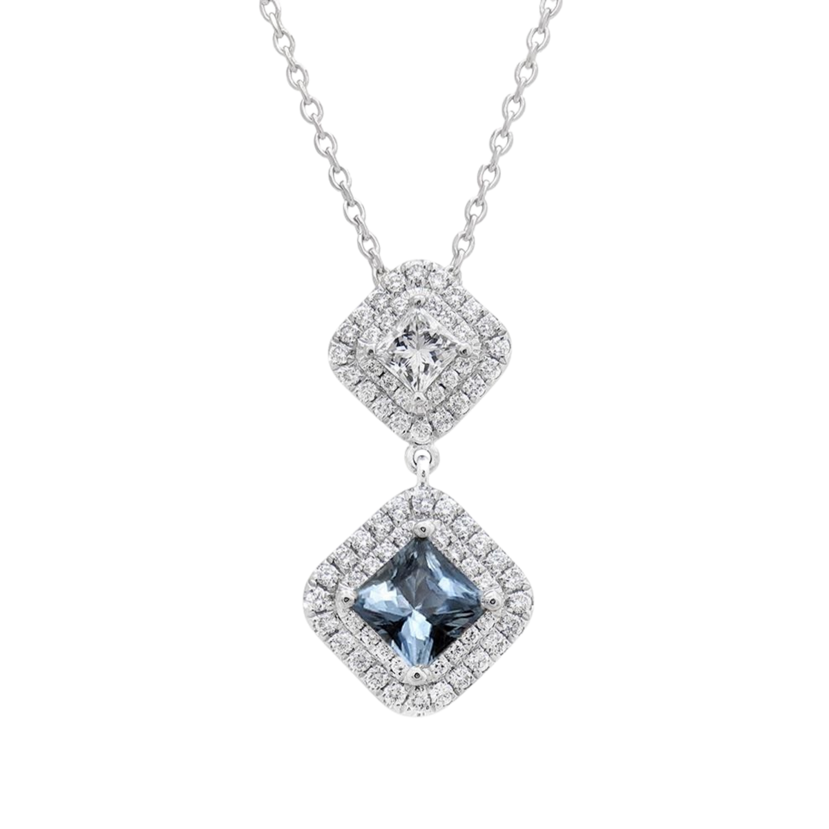 Platinum Princess Cut Diamond & Aquamarine Cluster Pendant
