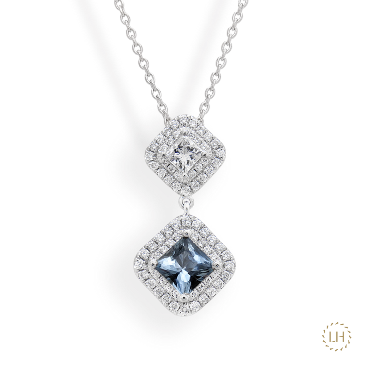 Platinum Princess Cut Diamond & Aquamarine Cluster Pendant