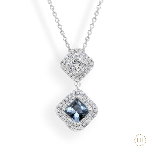 Platinum Princess Cut Diamond & Aquamarine Cluster Pendant
