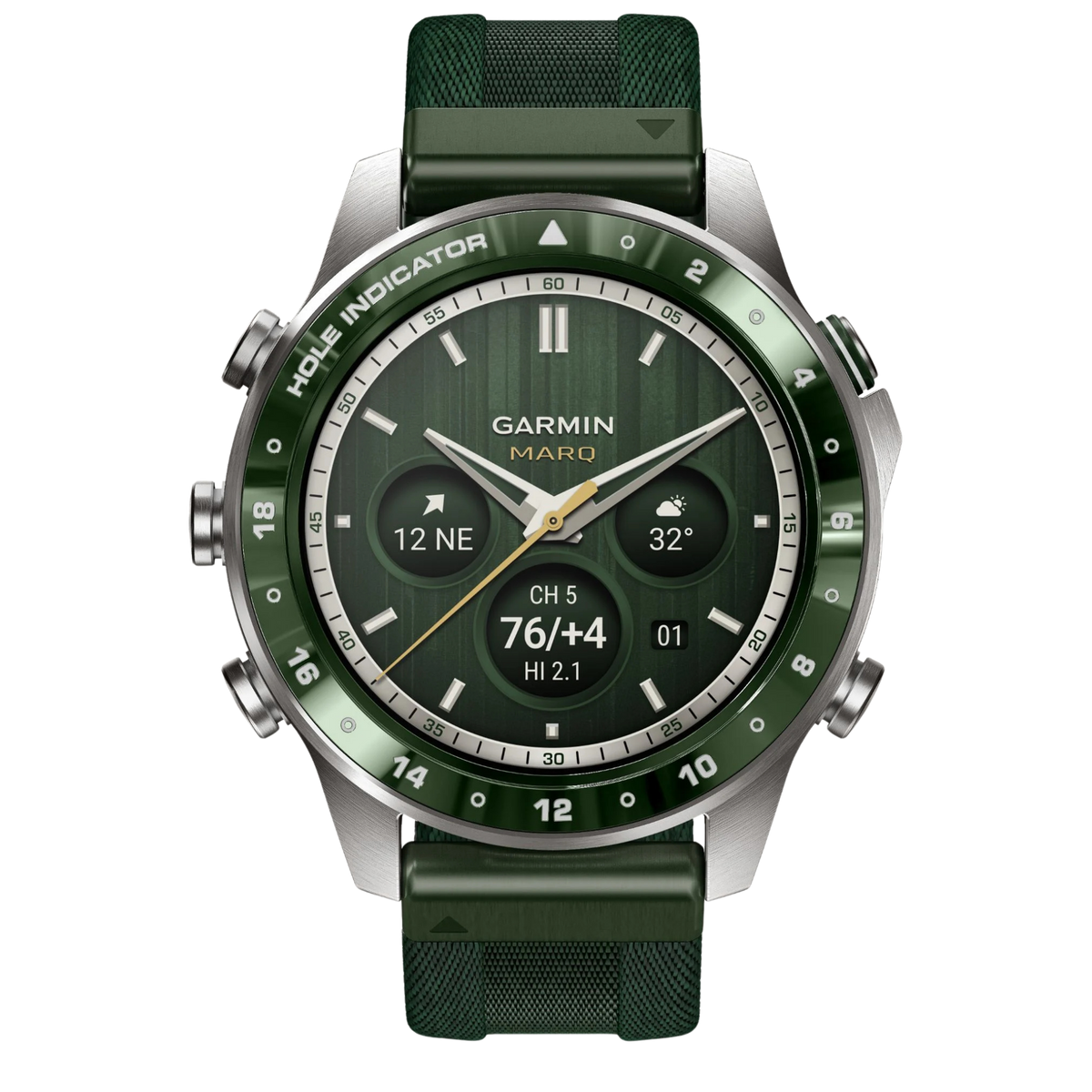Garmin MARQ Golfer Gen 3 47mm, featuring a Grade 5 titanium case, green ceramic golf bezel and advanced golf and GPS technology.