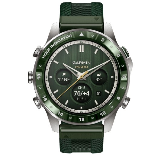 Garmin MARQ Golfer Gen 3 47mm, featuring a Grade 5 titanium case, green ceramic golf bezel and advanced golf and GPS technology.